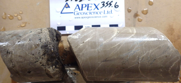 Figure 6: Breccia and veinlets of chalcocite (dark grey) in drill hole ST23-04 from approximately 355.6m downhole.