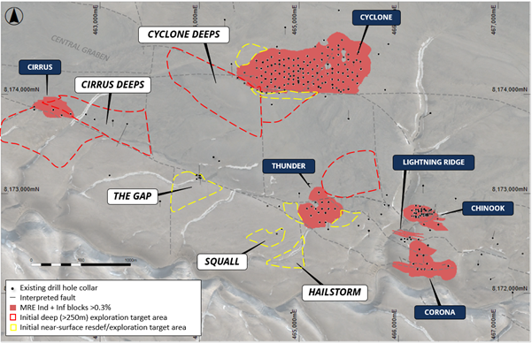 Figure 2: Plan view of the Storm area showing the high-priority (initial drilling) areas with potential for further growth of copper mineralization based on drilling, geochemical sampling and geophysics, overlaying copper deposit outlines, and topography.

