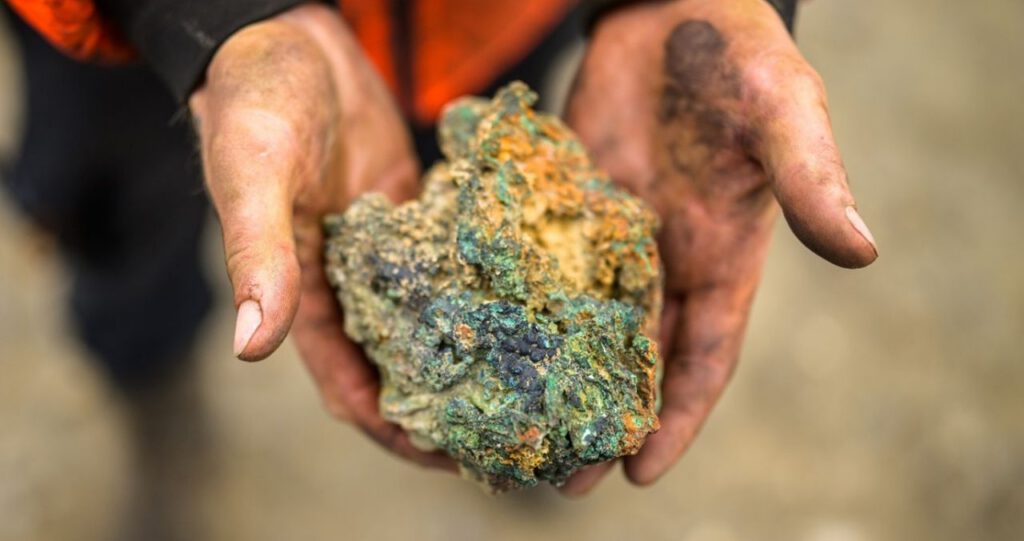 Figure 5: Copper gossan from the Hailstorm Prospect. This is massive chalcocite (copper sulfide) and returned a laboratory assay grade of >50% Cu, 61g/t Ag (Sample Y007193, 50% Cu is the upper limit of the assay technique used).

