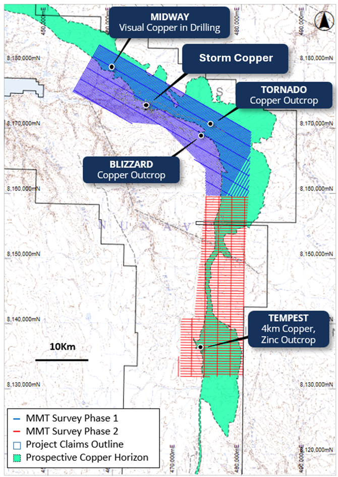 Figure 6: Proposed MobileMT survey showing the planned Phase 1 and Phase 2 survey lines, overlaying topography, and regional geology.