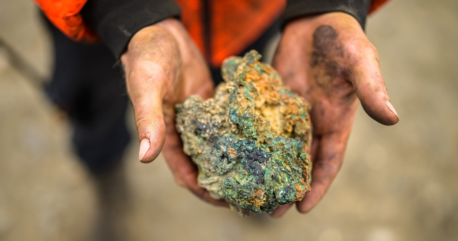 Figure 1: Copper gossan from the Hailstorm Prospect. This is massive chalcocite (copper sulfide), yielding  >50% Cu (50% is the upper limit of the assay technique used).