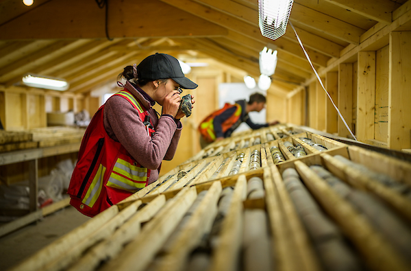 Figure 1: Storm Project team geologists Rachel Borg and Jordan Mathieu review drill core from metallurgical drill hole SM24-02 (see Table 1 for details).

