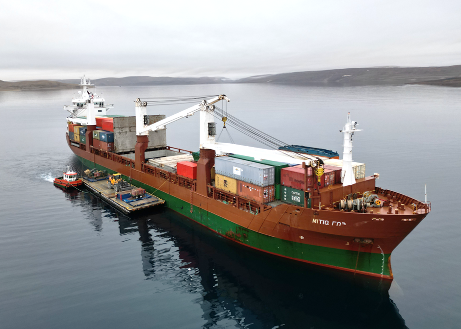 Figure 1: NEAS cargo ship MV Mitiq at anchor in Aston Bay for the Storm Project sealift.