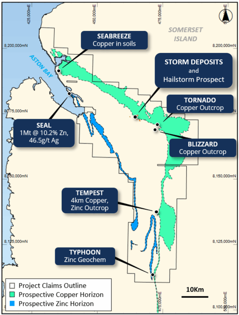 Figure 2: Prospect location map of the Storm Project highlighting the main prospective copper and zinc stratigraphic horizons.