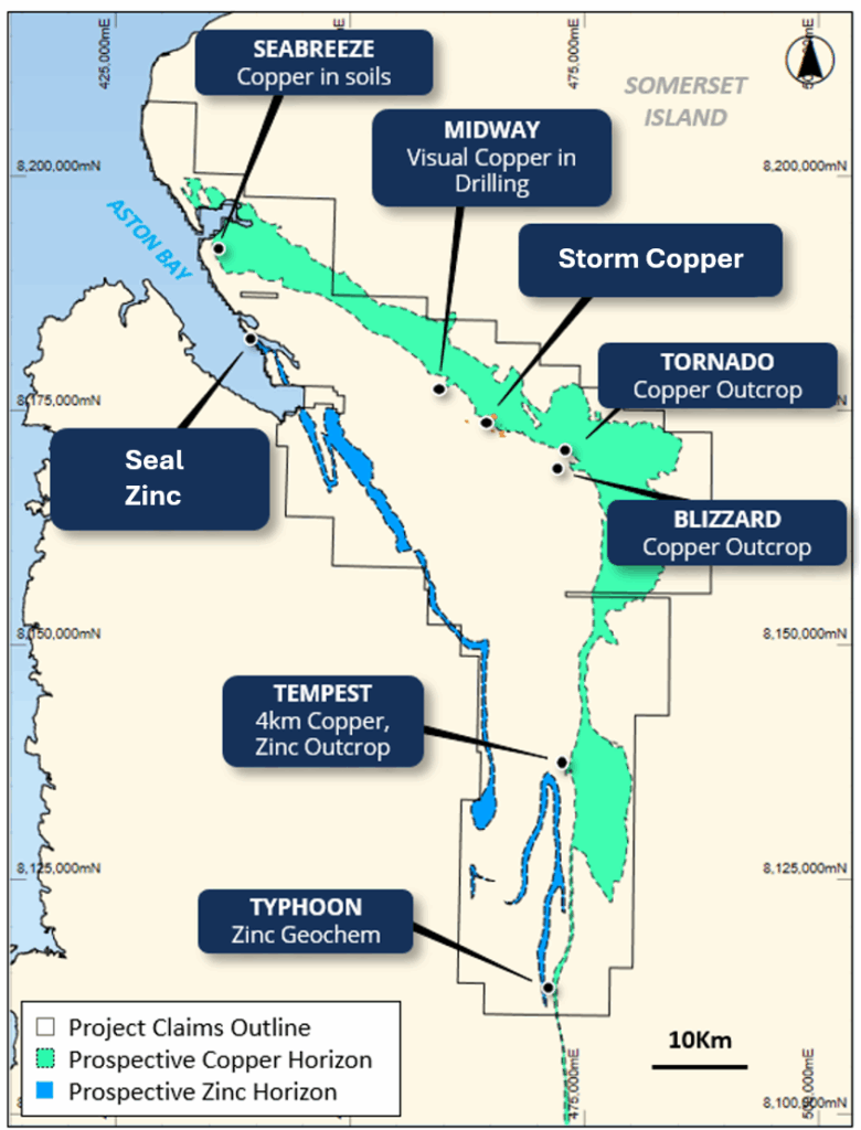Figure 2: Prospect location map of the Storm Project highlighting the primary prospective copper and zinc stratigraphic horizons.