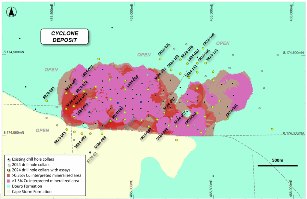 Figure 2: Plan view of the Cyclone Deposit showing the copper mineralized zone outlines and historical and recent drilling, overlain on regional geology.  