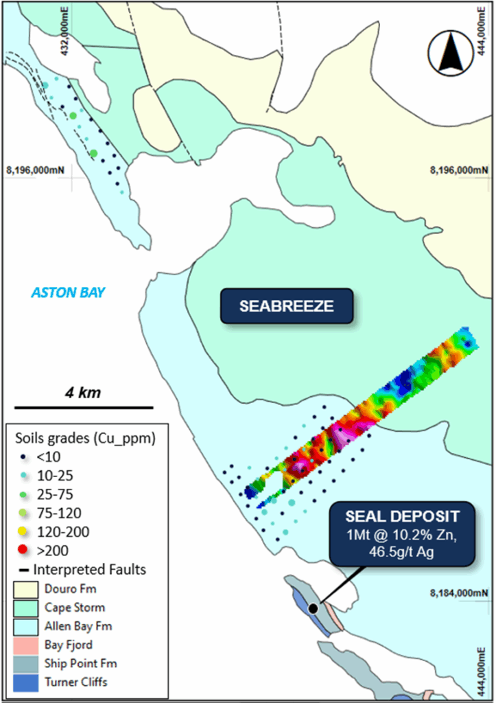Figure 3: Seabreeze prospect showing soil sample locations, copper geochemistry, and the gravity imagery (Bouguer anomaly - hotter colours indicate an increase in density), overlaying regional geology. Note the location of the contact between the Cape Storm and Allen Bay Formations, and proximity to the Seal zinc-silver deposit.