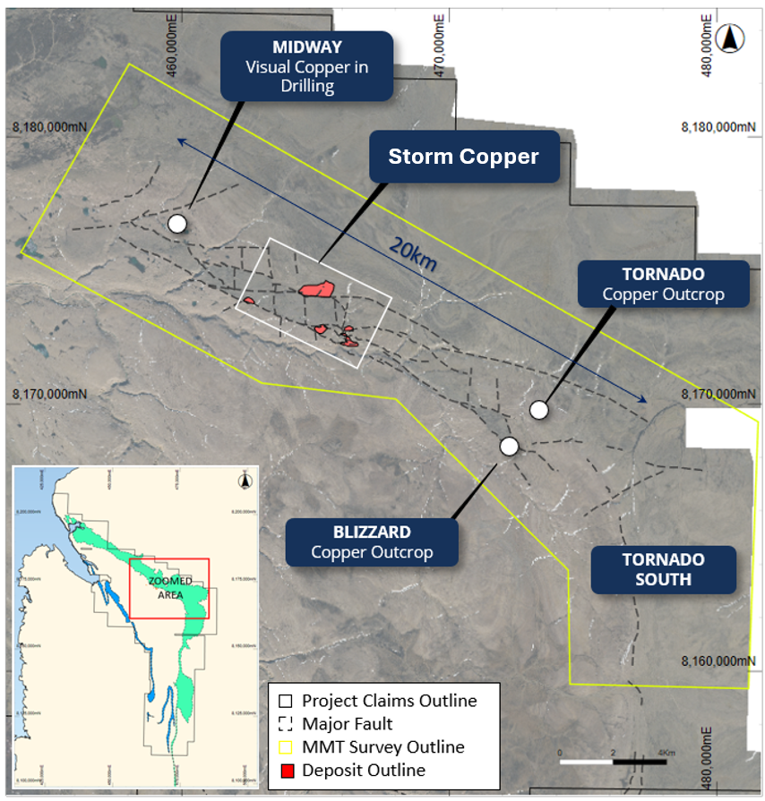 Figure 3: Plan view of the Midway-Storm-Cyclone Corridor, which will be the focus of exploration and resource expansion activities during 2025. Drilling has intersected copper sulfides over 20km of strike within this highly prospective structural zone.