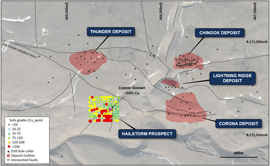 Figure 4: Map of the Southern Graben area showing the location of the Hailstorm Prospect and copper soil geochemistry in relation to the known copper deposits, overlaying aerial photography and major faults.