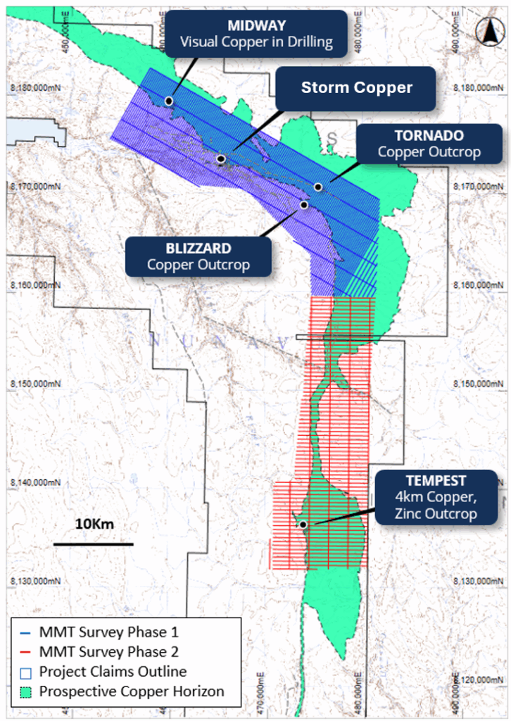 Figure 4: Proposed MMT survey showing the planned Phase 1 and Phase 2 survey lines, overlaying topography, and regional geology.