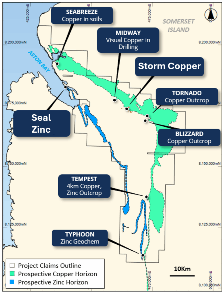 Figure 5: Prospect location map of the Storm Project highlighting the main prospective copper and zinc stratigraphic horizons.