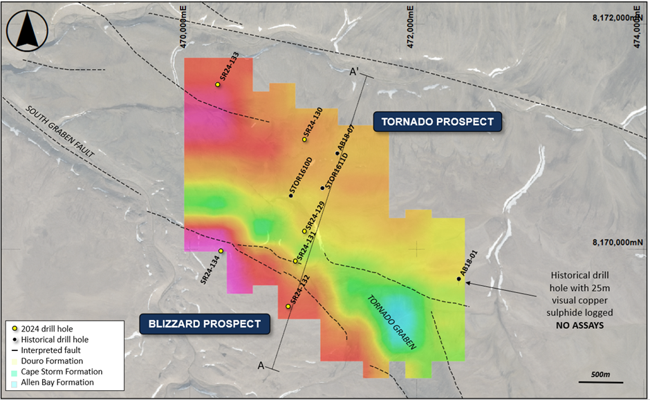 Figure 6: MLEM image (CH18BZ) of the Tornado and Blizzard 400 m loop survey overlaying geology and interpreted major faults. Hotter colours indicate higher conductivity.