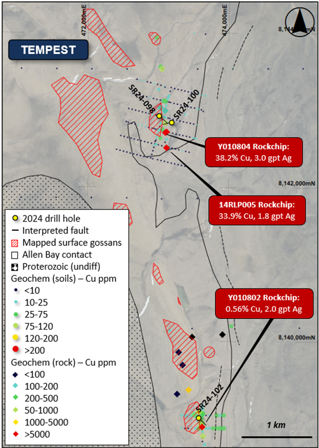 Figure 7: Map of the Tempest Prospect showing drilling, geochemical sampling locations, rock samples, and lithological unit boundaries overlaying aerial photography.