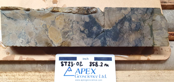 Figure 1: Photo showing example of strong chalcocite (dark grey) breccia fill and veining in drill hole ST23-02 from approximately 358.2m downhole.
Chalcocite is a copper sulfide mineral and contains approximately 79.8% copper.