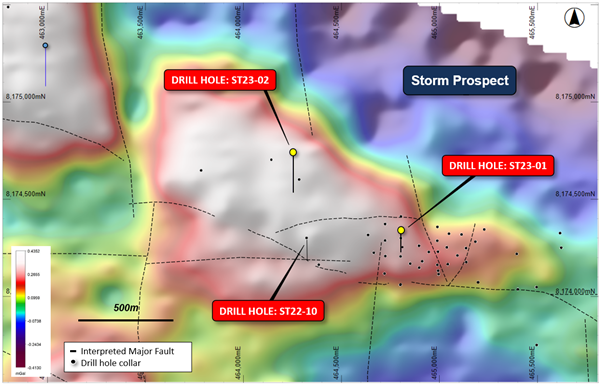 Figure 3: Total bouguer gravity image of the 4100N area, fault architecture and drill hole locations.  