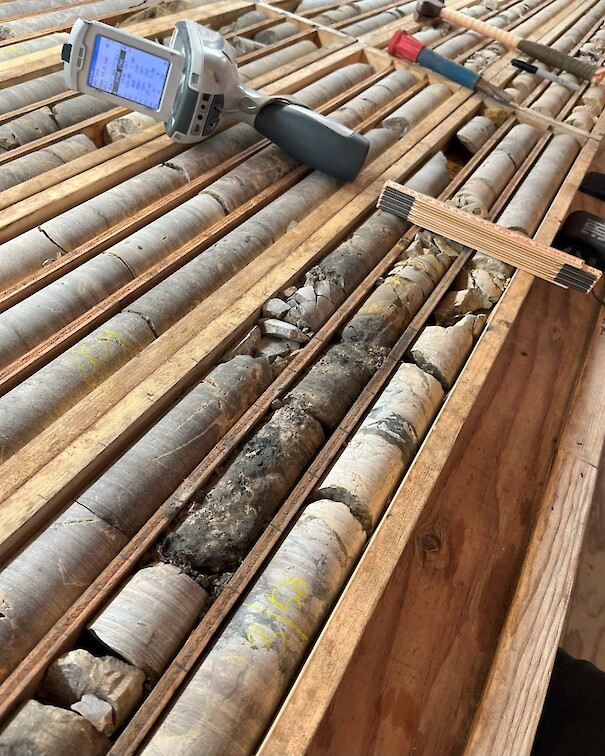 Figure 6: Chalcocite (dark grey) breccia fill in drill hole ST23-02. The interval shown is approximately 352-359m downhole.