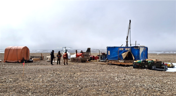 Figure 1: Diamond drill rig drilling at the Cyclone Deeps target area, Storm Project, Nunavut.

