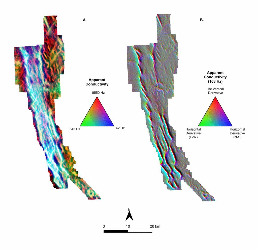 Figure 2: Plan maps showing custom composite gridded images from the MobileMT survey.

A. Grid composite image for three frequencies of apparent conductivity that highlights conductors that are close to or at surface in red and brown, and those that extend from near surface to depth in white and blue. The deeper (while/blue) conductors appear confined to the sedimentary rocks of the Recluse Group.

B. Grid composite image of 168 Hz and its vertical and horizontal derivatives to highlight conductors, whether strong or weak, detected at this frequency, highlighting shallow conductors.