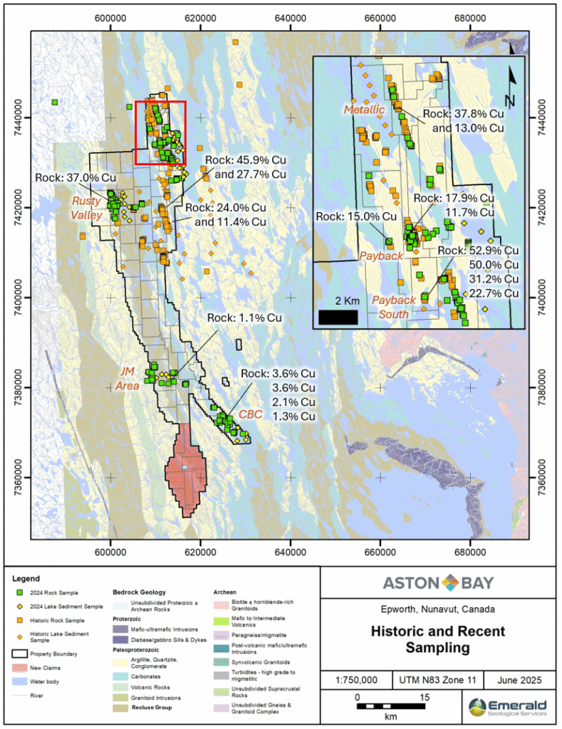Figure 3: Recent claim staking (red shaded area) and significant copper grab sample assays from 2024 and historic programs. Inset map area denoted by red bounding box.

