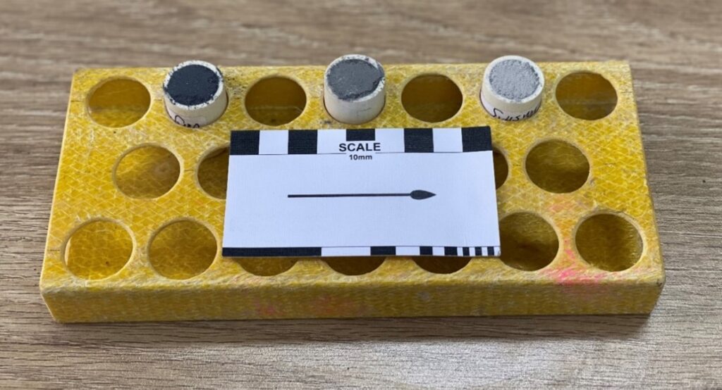 Figure 4: Pressed pellets generated from the ore sorting products ready for XRF analysis.