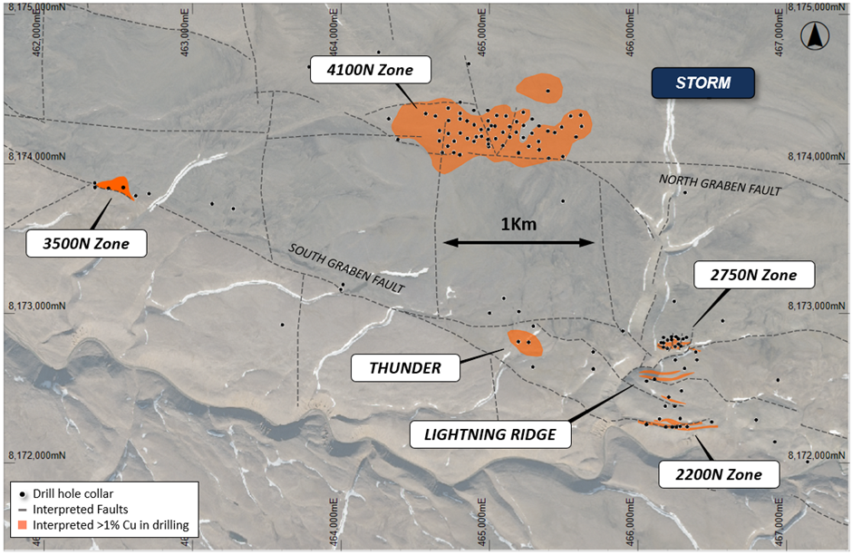 Figure 2: Plan view of the Storm area showing the known copper prospects and interpreted copper mineralization footprint (defined by drilling, MLEM and VTEM) for the near-surface discoveries, and drilling overlaying topography.  