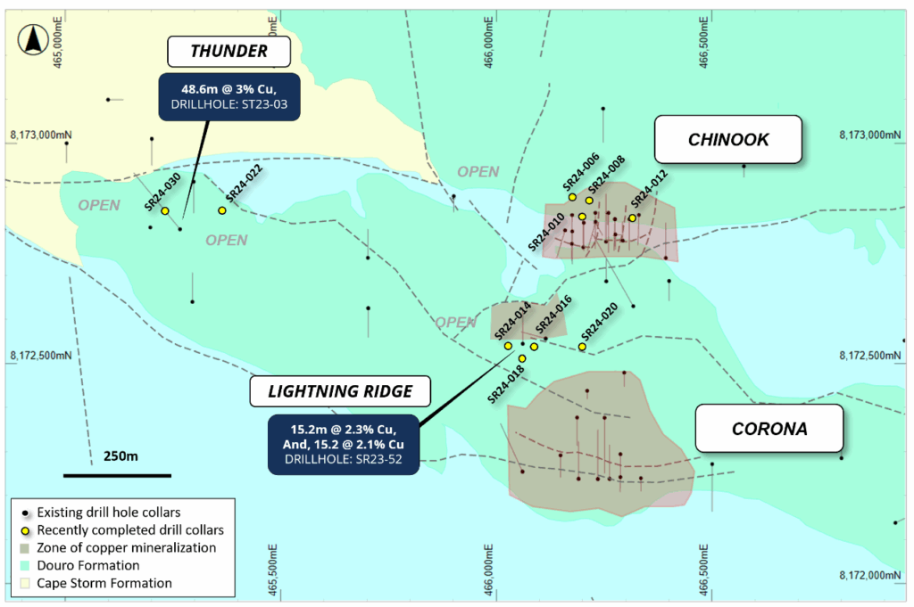 Figure 3: Plan view of the Chinook, Corona, Thunder, and Lightning Ridge areas showing the known copper mineralization and interpreted footprint (defined by drilling, MLEM and VTEM) of the near-surface copper mineralization and drilling overlaying regional geology.  