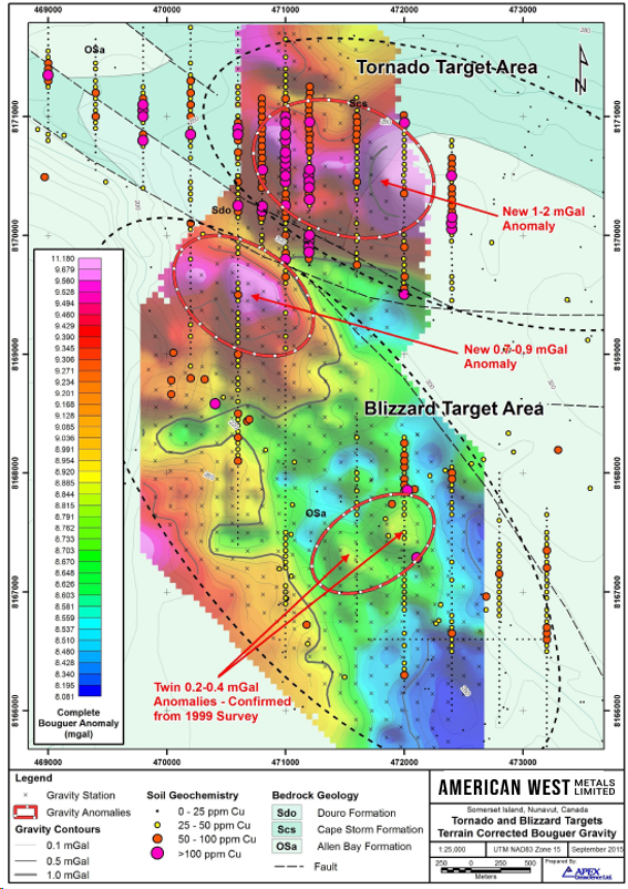 Figure 4: Gravity anomalies at the Tornado and Blizzard Prospects – terrain corrected Bouger gravity anomalies from 2023 survey.