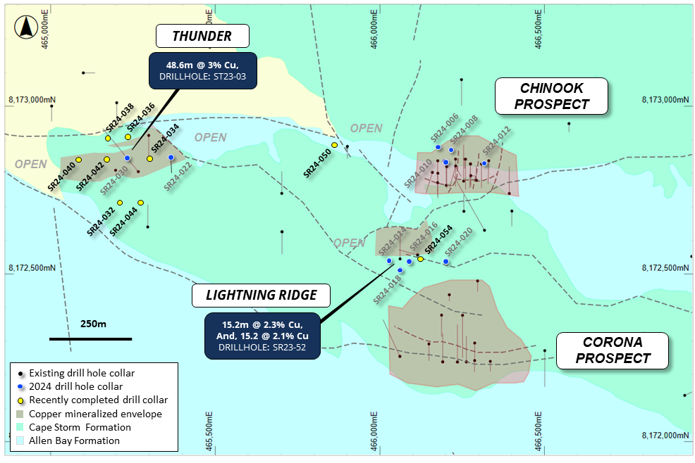 Figure 2: Plan view of the Chinook, Corona, Thunder, and Lightning Ridge areas showing the interpreted footprints of the near-surface copper mineralization (defined by drilling, MLEM and VTEM) and drilling overlaying regional geology.  