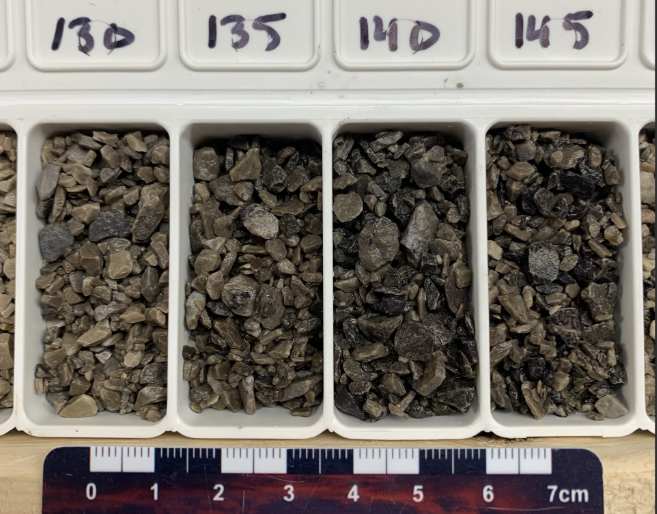 Figure 3: RC Drill chips from drill hole SR24-03 from the Gap Prospect. The interval is from 130ft (39.6m) to 145ft (44.2m) downhole. Chalcocite (80% copper) veins and chips are visible as dark grey.