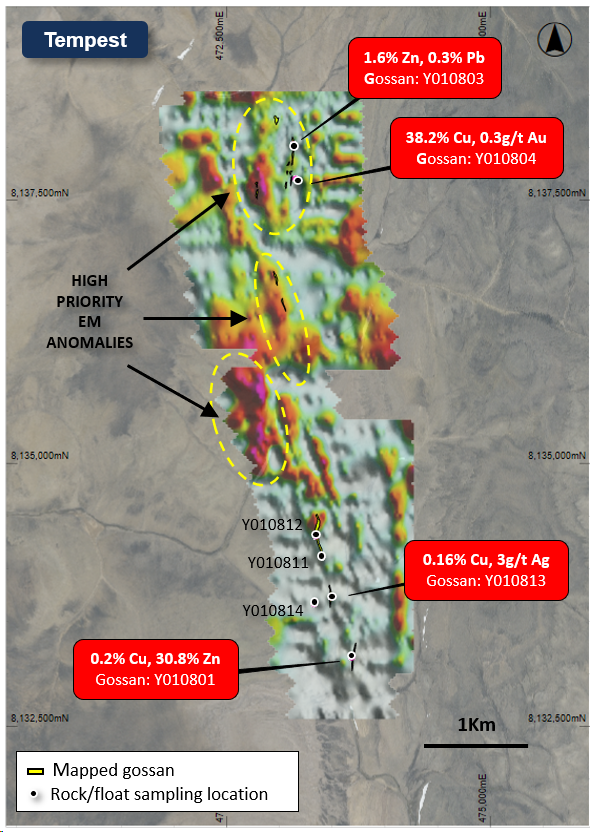 Figure 5: Map of the Tempest Prospect showing the mapped gossans and geochemical sampling points with select rock assays, overlaying TDEM image (late time conductivity – Gate 6) and aerial photography.