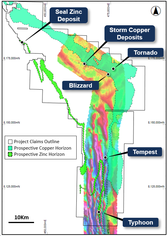 Figure 7: Map of the Project area showing the known copper and base metal deposits/prospects overlaying magnetics (Airborne GeoTEM – hotter colours indicate higher magnetic intensity). The Tempest Prospect is located approximately 40km south of Storm Copper.