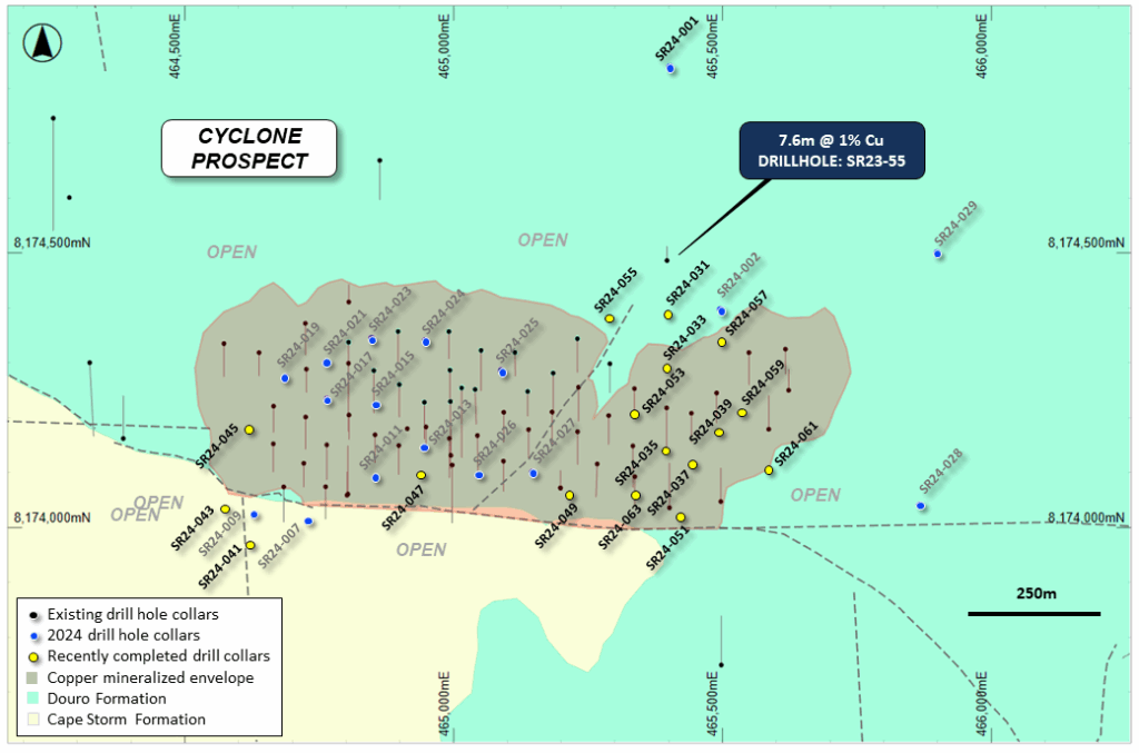 Figure 4: Plan view of the Cyclone Prospect showing the interpreted outline of copper mineralization, historical and recent drilling, overlaying regional geology.  