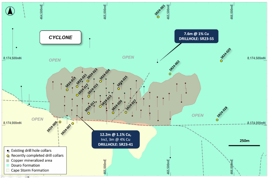 Figure 5: Plan view of the Cyclone Prospect showing the area of copper mineralization, historical and recent drilling, overlaying regional geology.  