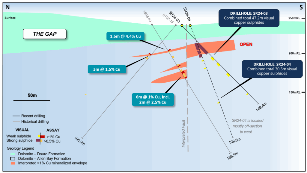 Figure 4: N-S schematic geological interpretation on drill section 464,000E.