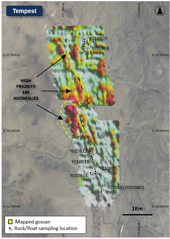 Figure 6: Plan view map of the Tempest Prospect showing the mapped gossans and geochemical sampling points, overlaying TDEM image (late time conductivity – Gate 6) and aerial photography.