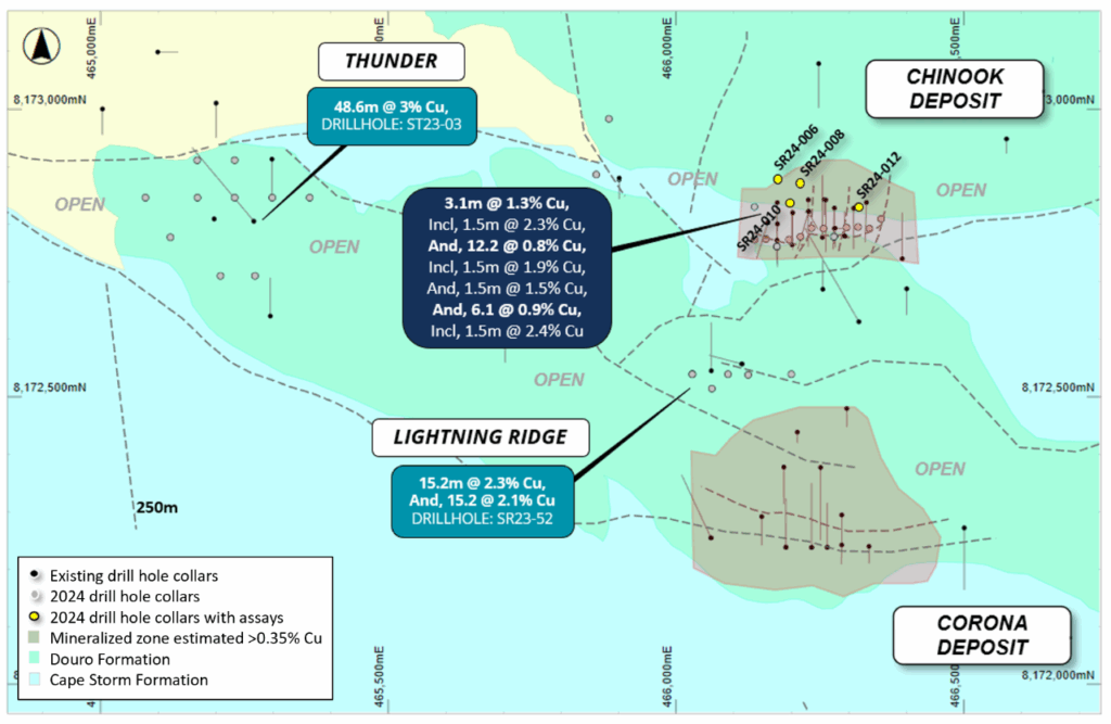 Figure 7: Plan view of the Cyclone Deposit showing zones of interpreted copper mineralization and  historical and recent drilling overlying regional geology.  
