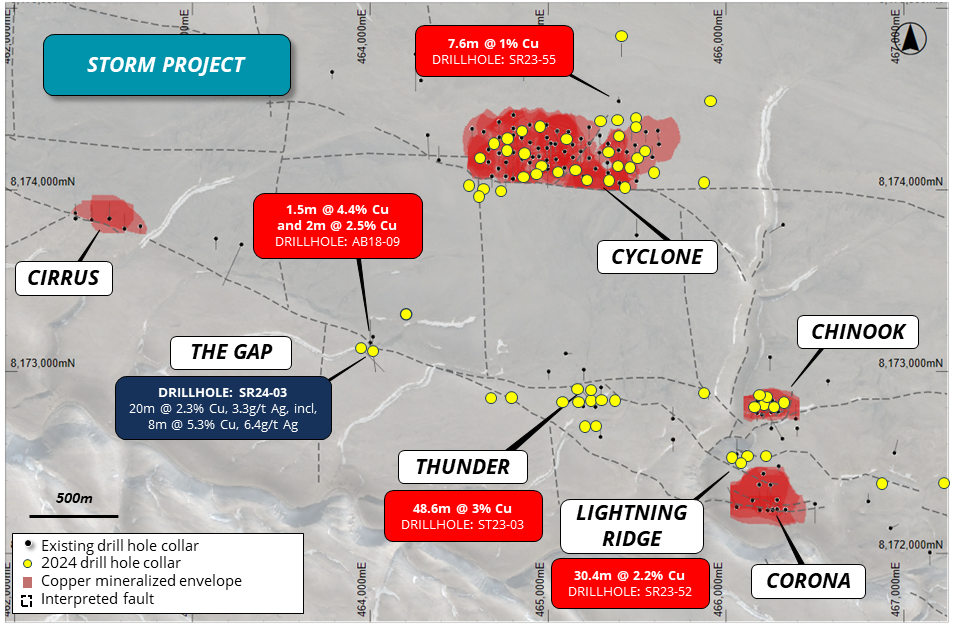 Figure 6: Recent and existing drill hole locations and inferred zones of copper mineralization overlaying aerial photography.