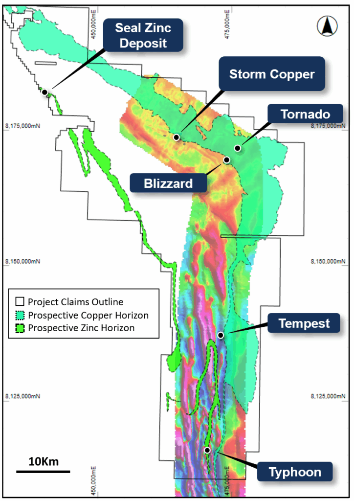 Figure 6: Map of the Project area showing the known copper and base metal mineralization and prospects overlaying magnetics (Airborne GeoTEM – hotter colours indicate higher magnetic intensity).