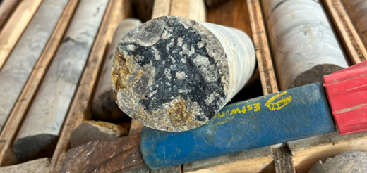 Figure 1: Drill core from resource diamond drill hole ST23-02 showing chalcocite
(dark grey) copper sulfide breccia at approximately 354.7m downhole.