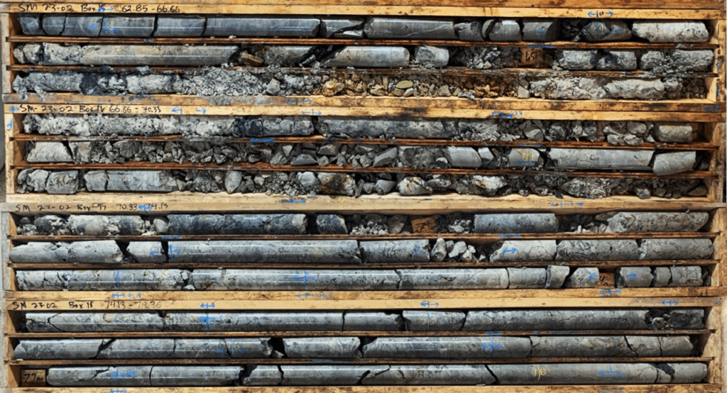 Figure 1: Drill core from resource diamond drill hole SM23-02 from the 4100N Zone showing chalcocite (dark grey)
in dense brecciation, veining and faulting (now rubble). The interval is from approximately 62.85m to 78m
downhole and contains an average grade of 6.4% Cu between 65m and 73.3m.