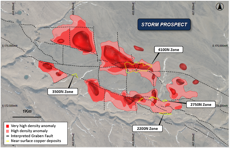 Figure 1: Gravity data interpretation map showing the 3D gravity targets,
known copper sulfide deposits and major faults (overlaying topography).