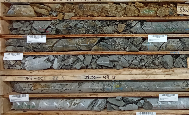 Figure 2: Dense breccia and semi-massive visual chalcocite in drill hole PFS-001 (33.94-41.4m downhole).

