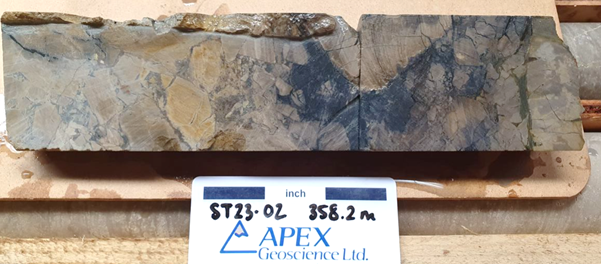 Figure 2: Strong copper sulfide (chalcocite - dark grey) breccia fill and veining in exploration diamond drill hole ST23-02
from approximately 358.2m downhole. This mineralization is interpreted to be of the sediment hosted style and is one of
five drill holes that have intersected the same prospective unit to date.