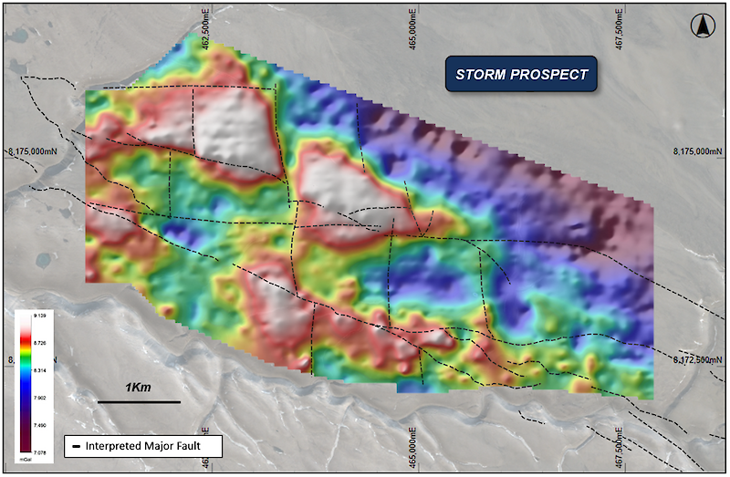 Figure 3: Total bouguer gravity anomaly image and graben fault architecture,overlaying topography.
Refer to Figure 4 for locations of known surface mineralization.