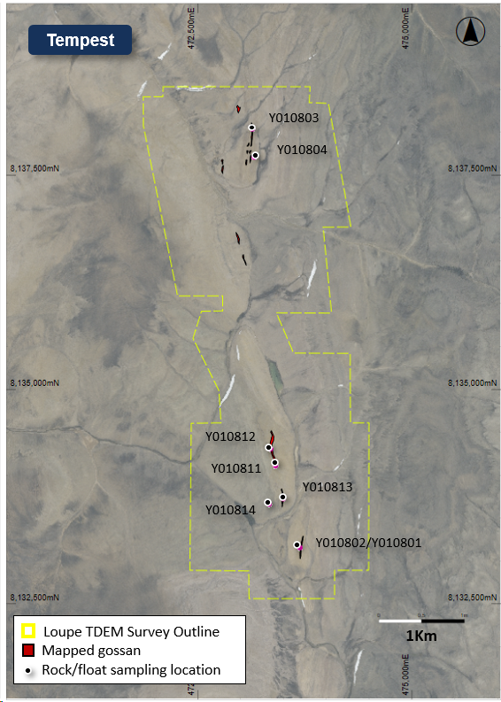 Plan view map of the Tempest Prospect showing the mapped gossans
and geochemical sampling points, overlaying aerial photography.