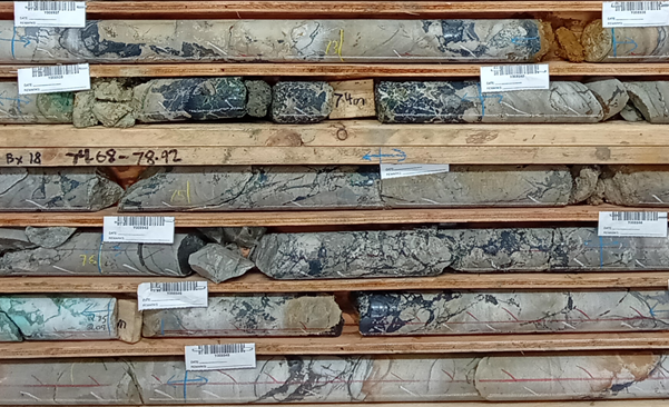 Figure 4: Semi-massive and breccia hosted visual chalcocite from PFS-002 (72.7-78.6m downhole).

