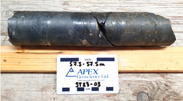 Figure 4: Massive chalcocite (dark grey) in drill hole ST23-03 from approximately 57.4m downhole.