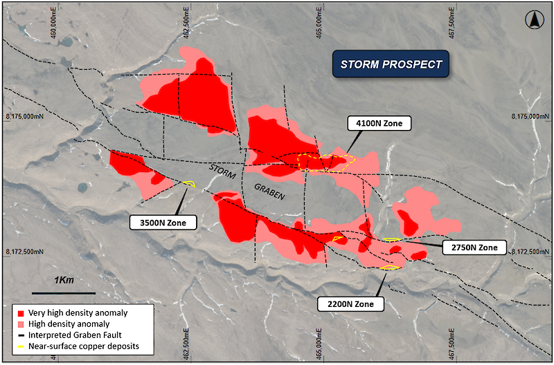 Figure 4: Interpretation of the bouguer gravity data showing the anomalies spatial relationship
to the graben faults and known near-surface copper deposits (overlaying topography).