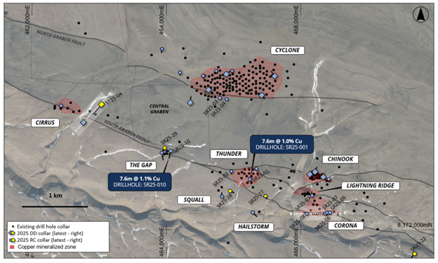 Figure 5: Drill hole locations from the 2025 drilling program (Storm area detail), overlaying deposit MRE outlines and existing drilling overlaying aerial photography.