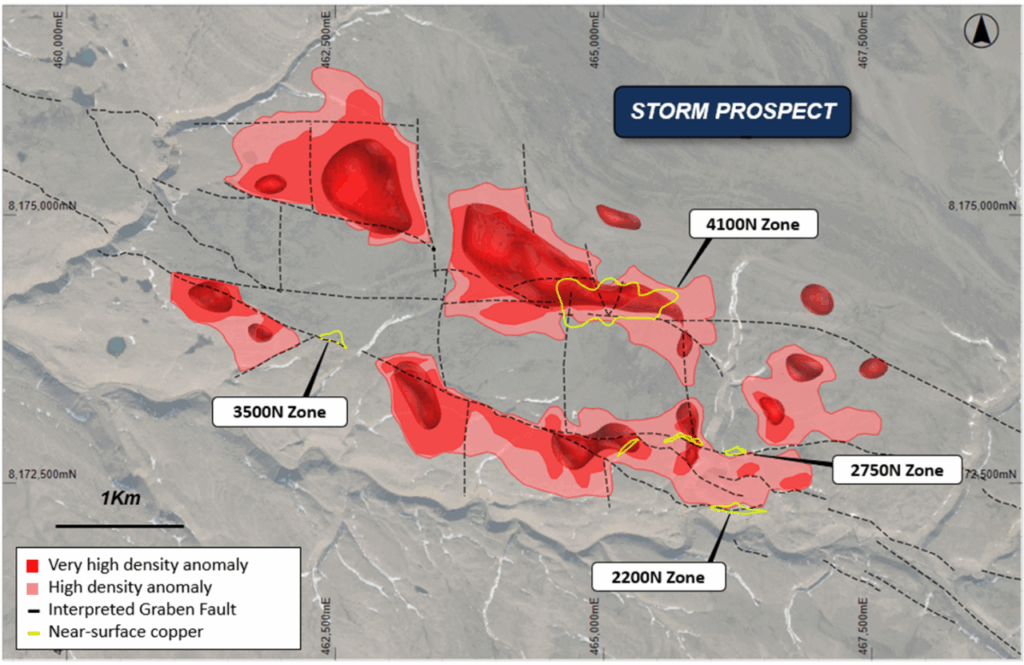 
Figure 5: Gravity data interpretation map showing the 3D gravity targets, zones of known near-surface copper
sulfide mineralization and major faults (overlaying topography).